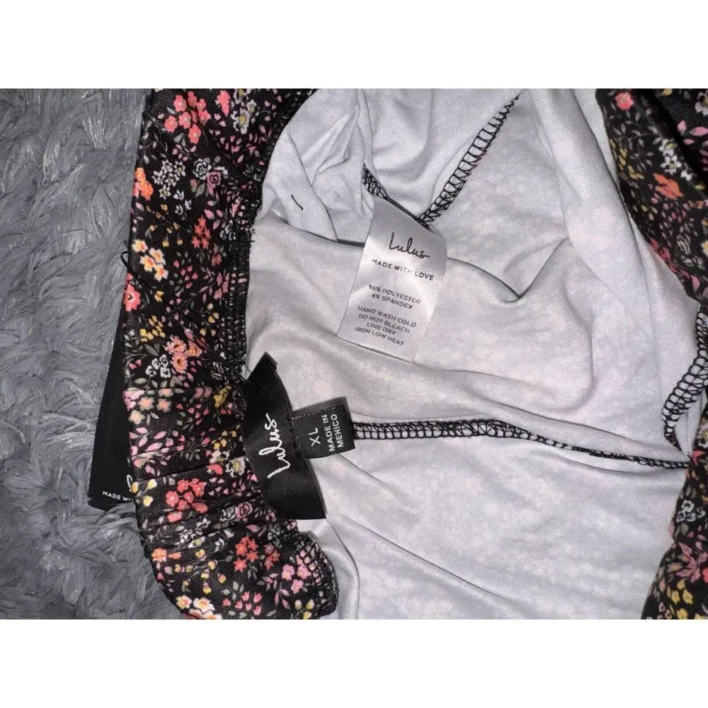 Lulu's XL Bloom In Black Wide Leg Trouser And Bustier Crop Black Floral‎ NWT